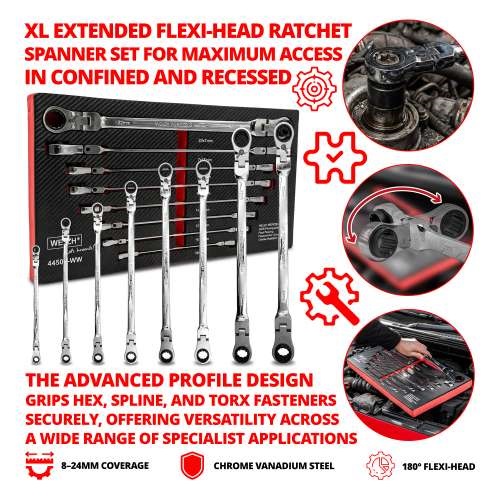 Ratchet Spanner Set; XL Master Aviation Multi-Lok Extended Head Type, Flexi-Head 8-24 mm